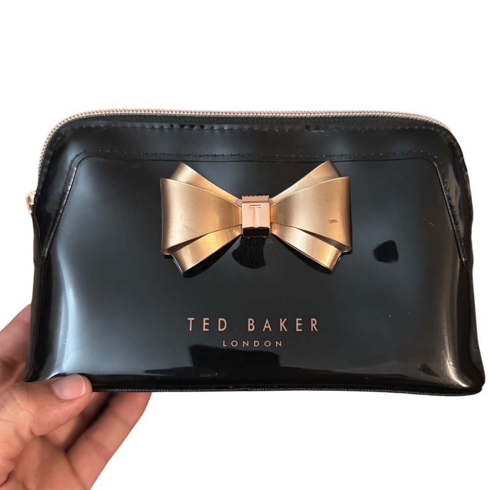Ted Baker London Black Patent Bow Makeup Bag Rose Gold Hardware Cosmetic Pouch
